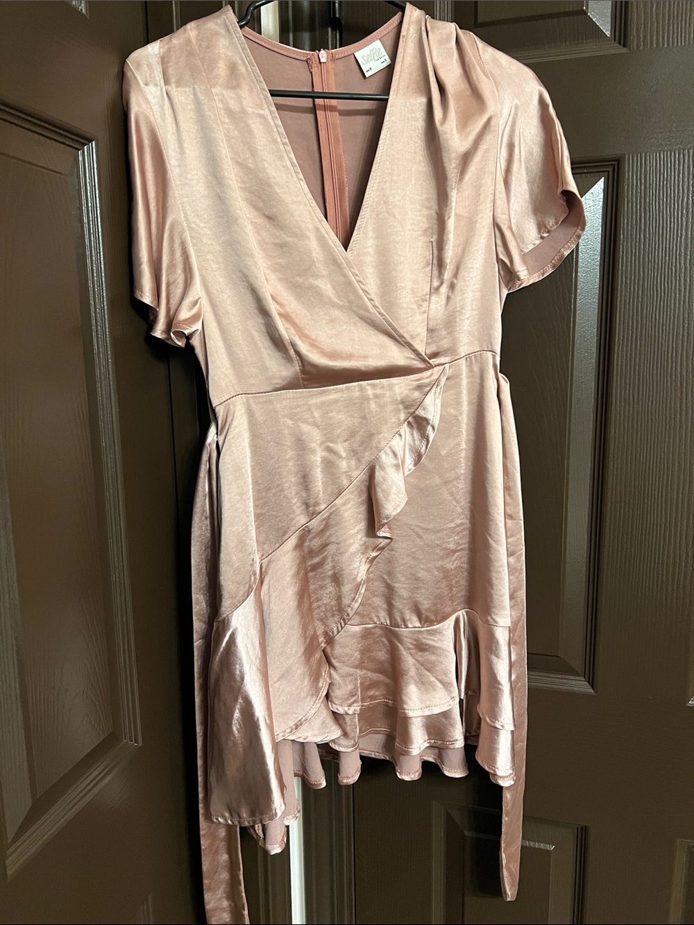 Selfie Leslie Satin Wrap Mini Dress in Blush Pink